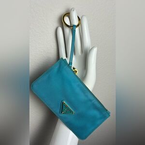 PRADA Tessuto Nylon coin pouch Keyring . Gold logo. Emerald color .Good